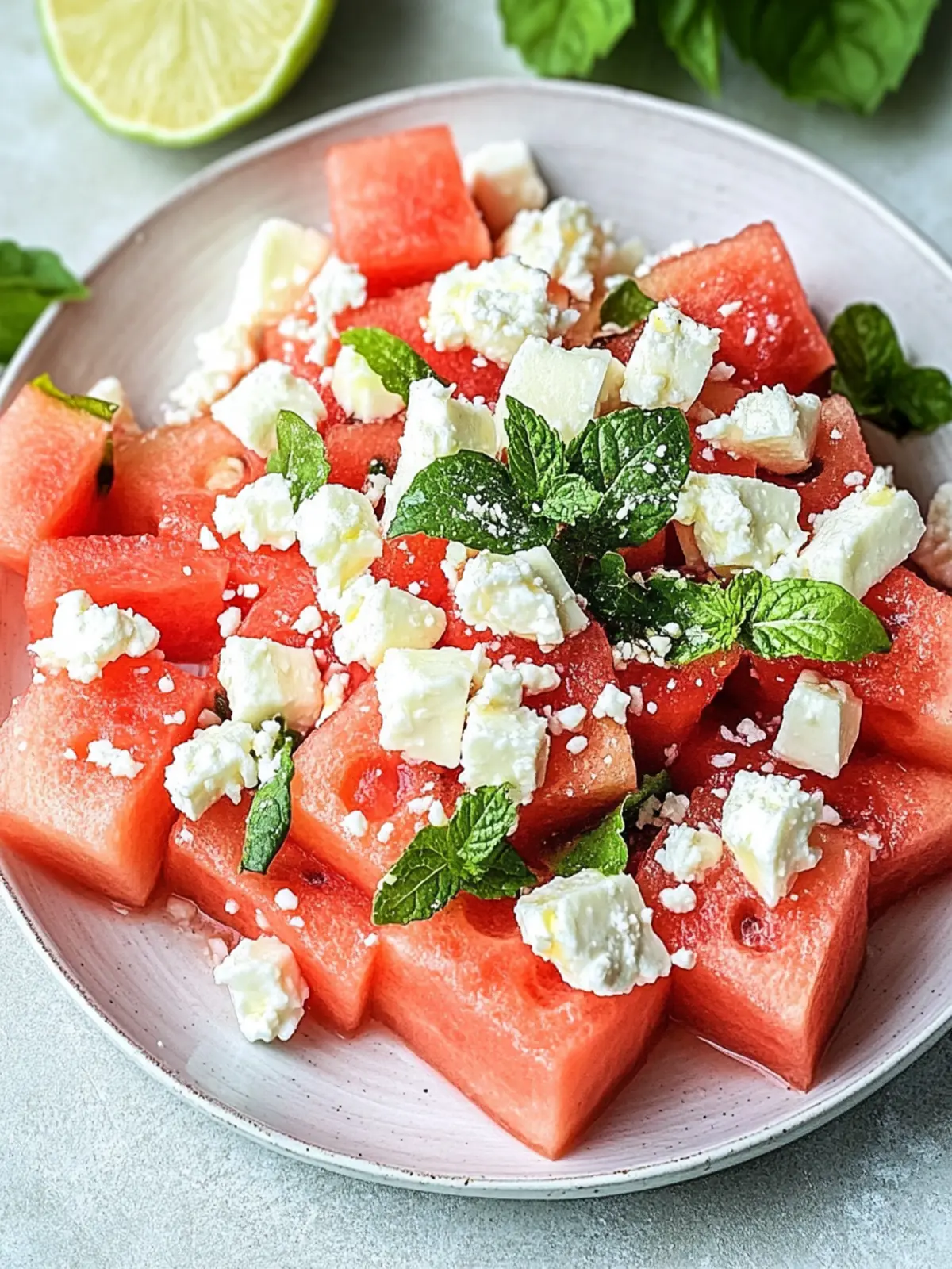 Frischer Wassermelonen- und Fetasalat mit Minze für den Sommer 2 Wassermelonen- und Fetasalat mit Minze