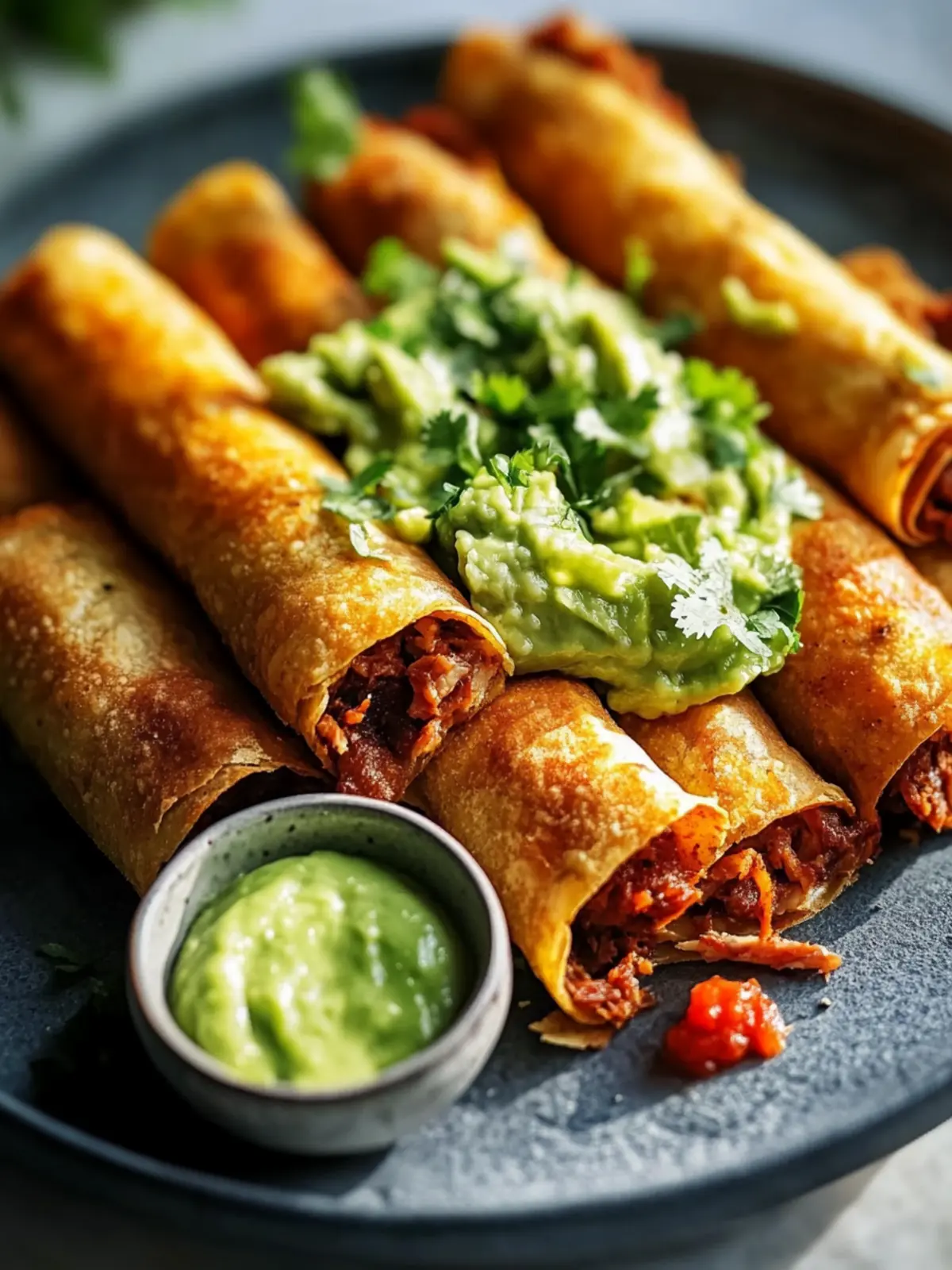 Köstliche zerrupfte Rindfleisch-Flautas mit Avocadosauce genießen 2 Leckere zerrupfte Rindfleisch-Flautas mit cremiger Avocadosauce
