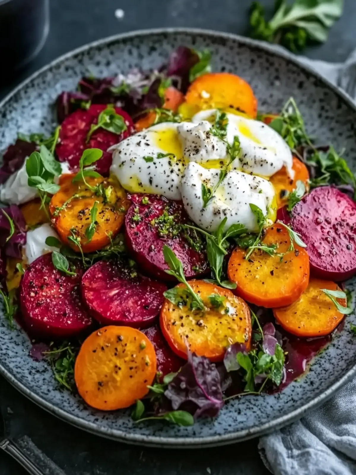 Gerösteter Rote-Bete- und Karottensalat mit Burrata für Genussmomente 3 Gerösteter Rote-Bete- und Karottensalat mit Burrata