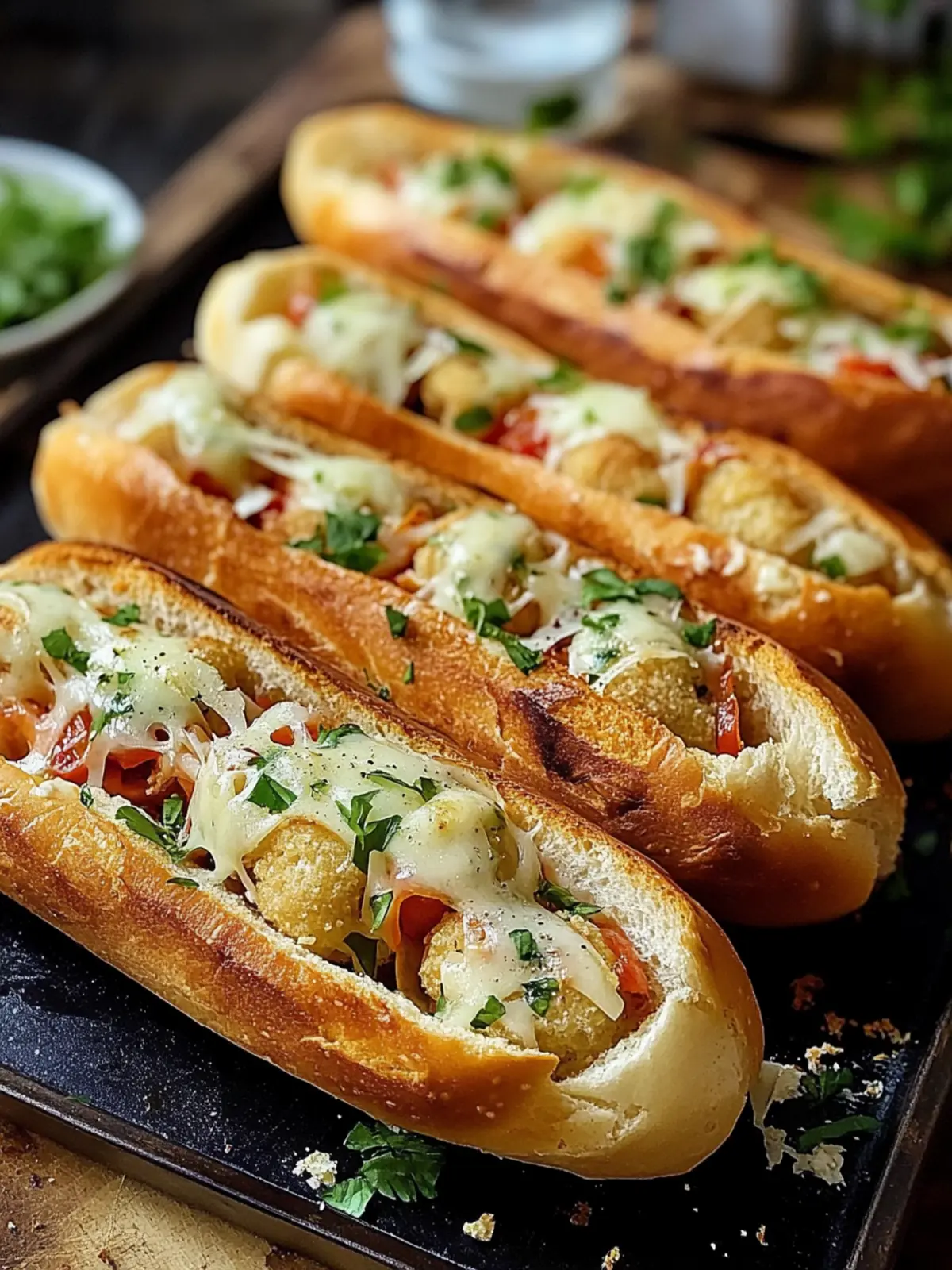 Knoblauchbrot-Fleischbällchen-Subs mit schmelzendem Käse genießen 3 Knoblauchbrot-Fleischbällchen-Subs beladen mit schmelzendem Käse