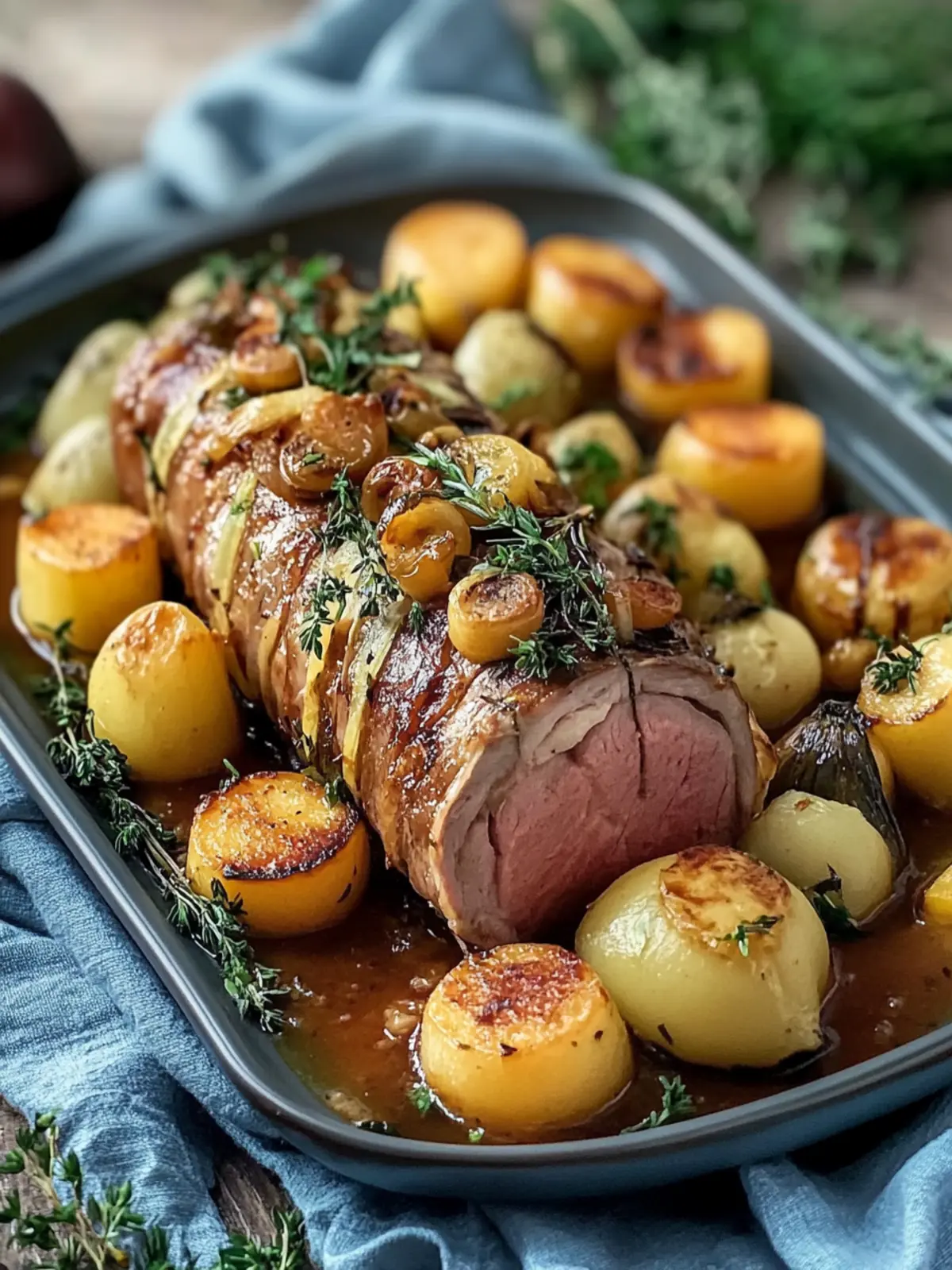 Genießen Sie saftige Rinderrouladen mit Karotten, Bohnen und Kartoffeln.