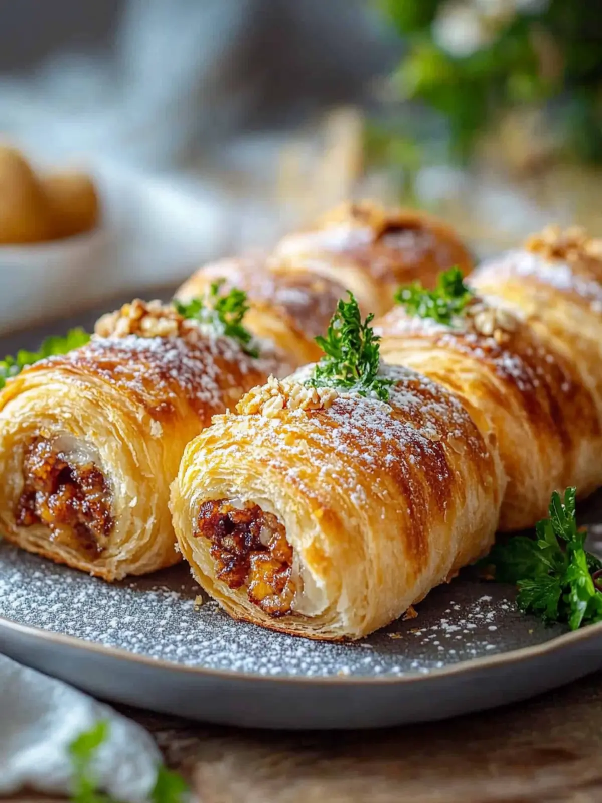 Goldene Blätterteig-Wurstrollen