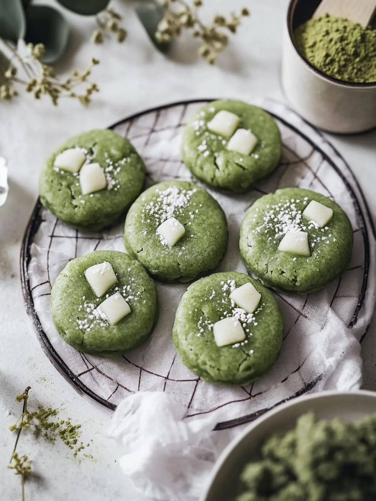 Chewy Matcha Mochi Kekse mit cremiger weißer Schokolade 2 Matcha Mochi Kekse