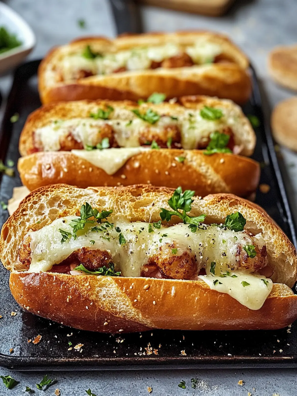 Knoblauchbrot-Fleischbällchen-Subs mit schmelzendem Käse genießen 4 Knoblauchbrot-Fleischbällchen-Subs beladen mit schmelzendem Käse