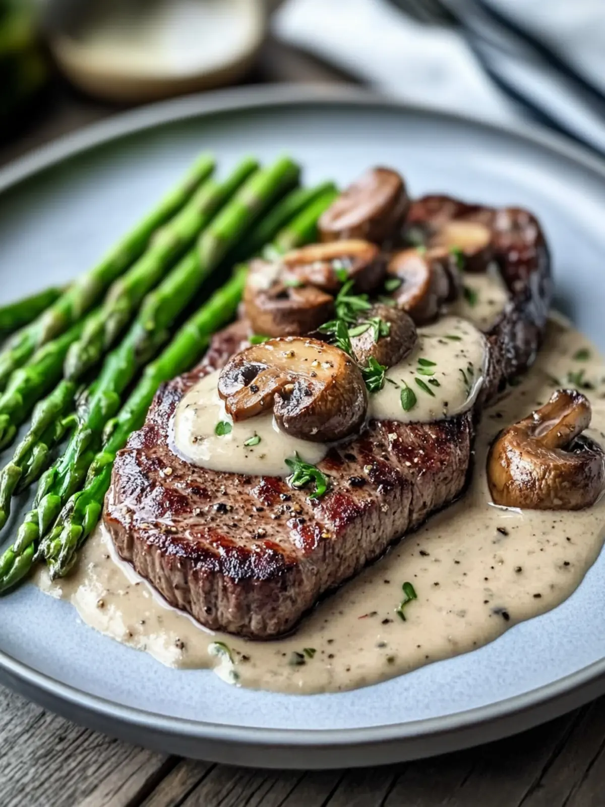Genießen Sie Steak mit cremiger Champignonsoße und Spargel zu Hause 2 Genießen Sie Steak mit cremiger Champignonsoße und Spargel