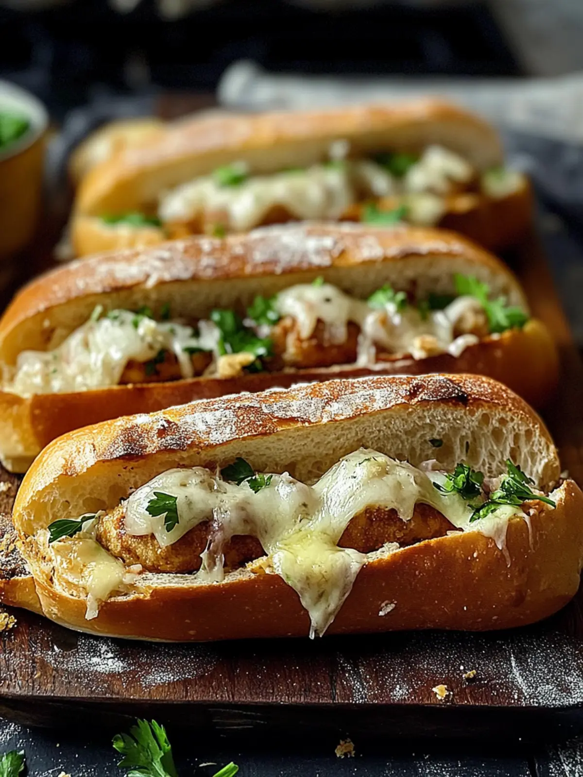 Knoblauchbrot-Fleischbällchen-Subs mit schmelzendem Käse genießen 2 Knoblauchbrot-Fleischbällchen-Subs beladen mit schmelzendem Käse