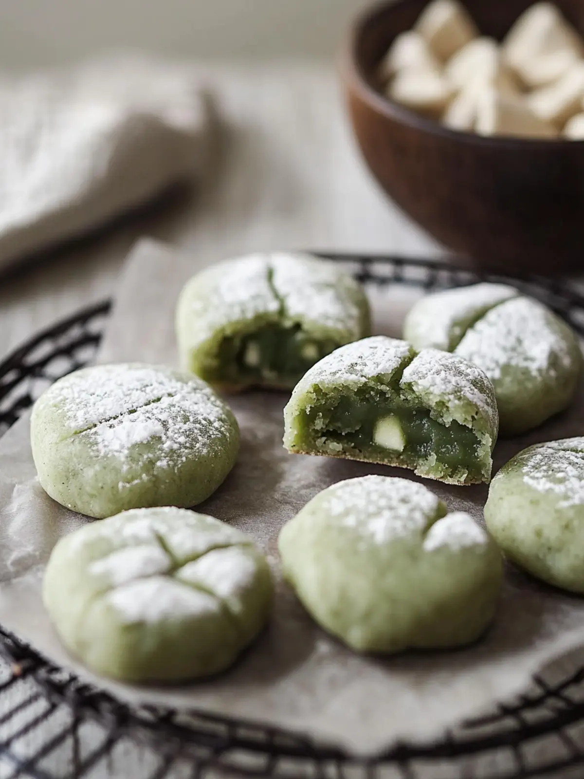 Chewy Matcha Mochi Kekse mit cremiger weißer Schokolade 4 Matcha Mochi Kekse