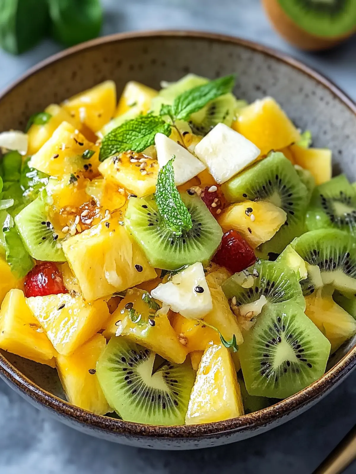 Frischer Ananas- und Kiwi-Salat mit Honig-Limetten-Dressing genießen 2 Frischer Ananas- und Kiwi-Salat mit Honig- und Limetten-Dressing