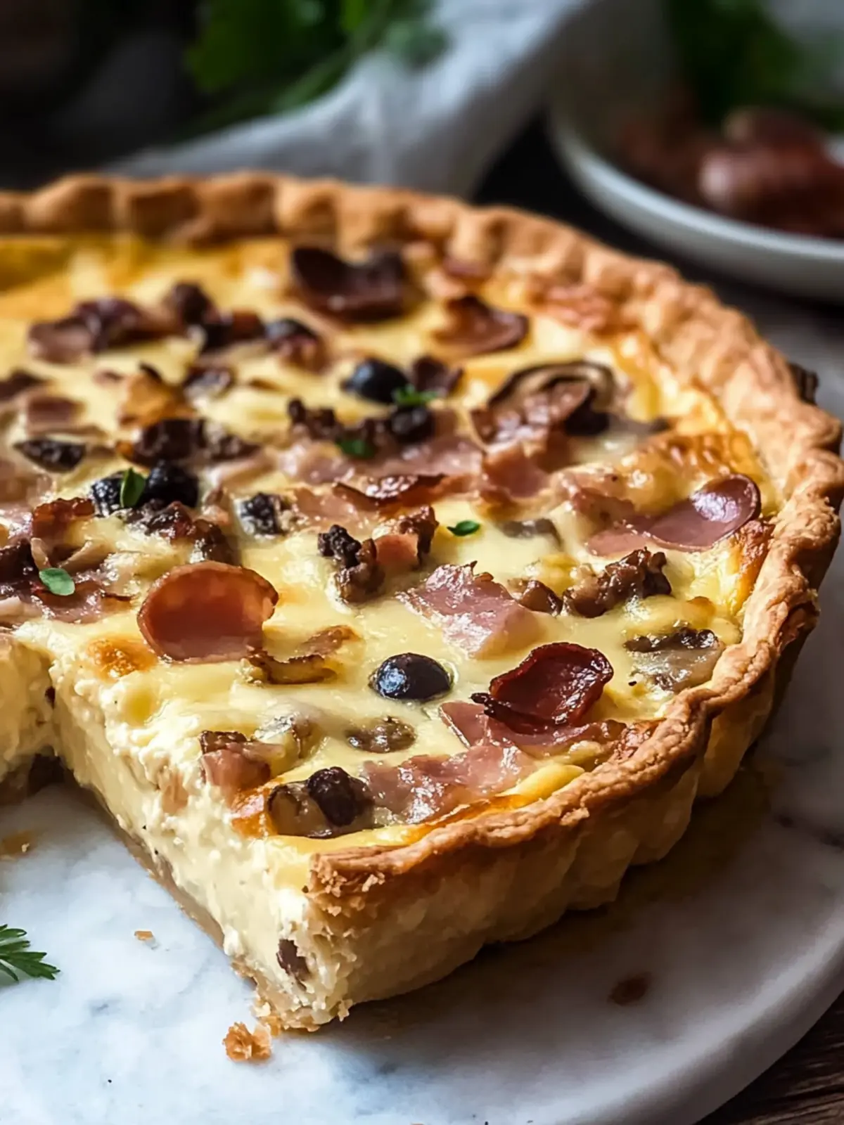Bacon und Pilz Quiche mit geräuchertem Gouda