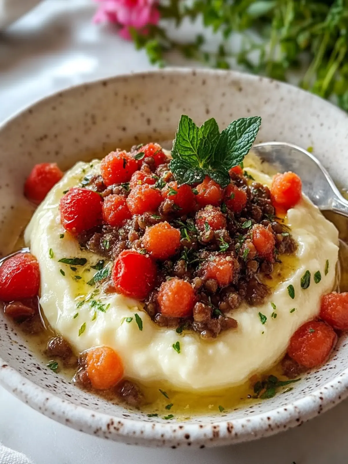 Linseneintopf über Kartoffelpüree