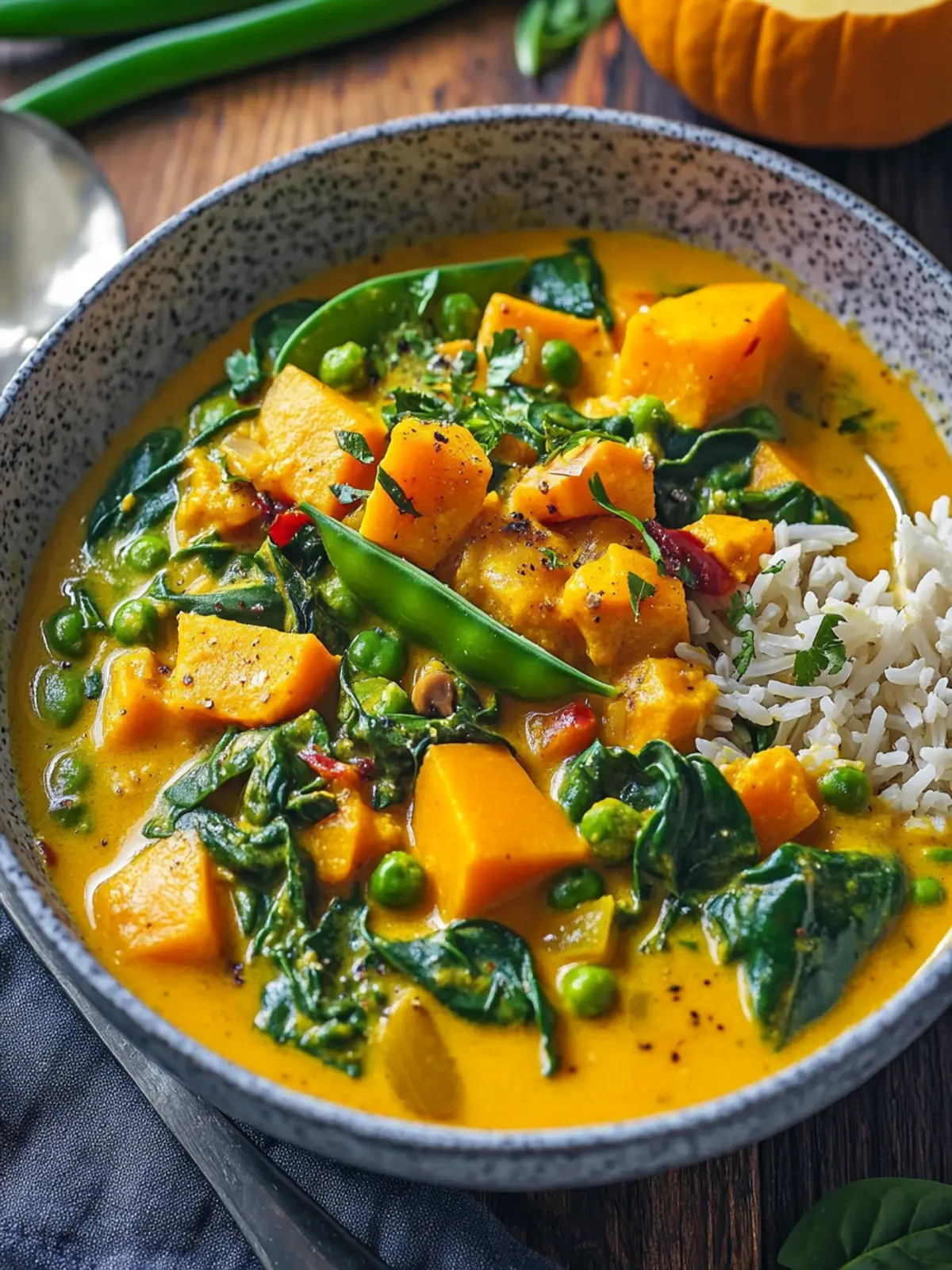 Herbstliches Kürbis-Curry mit Spinat und Zuckerschoten einfach selbst machen 2 Autumnal Kürbis-Curry mit Spinat und Zuckerschoten