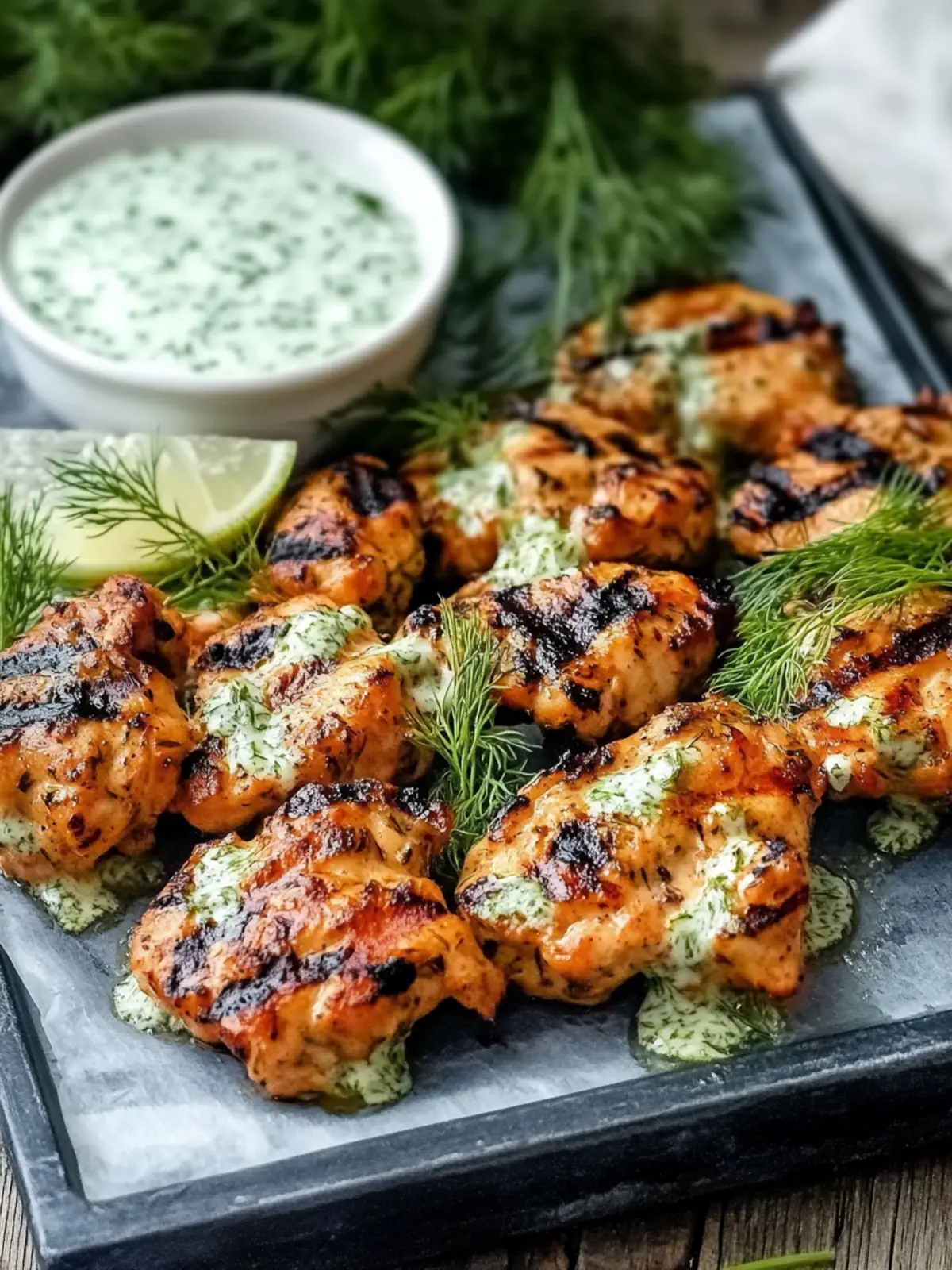 Mediterrane gegrillte Hähnchenschenkel mit Dill-Joghurt-Sauce