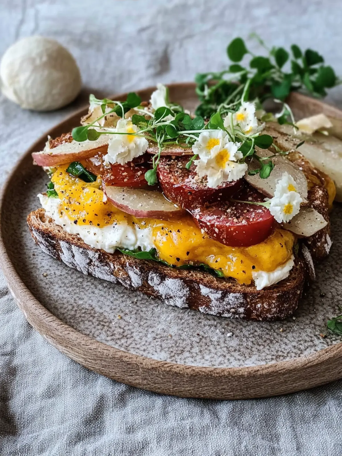 Verführerisches Frühstückssandwich mit Rührei und Zwiebeln 2 Frühstückssandwich mit Rührei und karamellisierten Zwiebeln