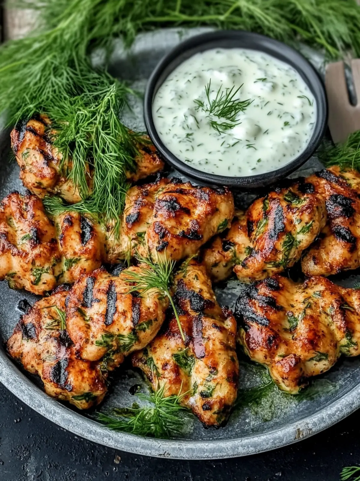 Mediterrane gegrillte Hähnchenschenkel mit Dill-Joghurt-Sauce genießen 2 Mediterrane gegrillte Hähnchenschenkel mit Dill-Joghurt-Sauce