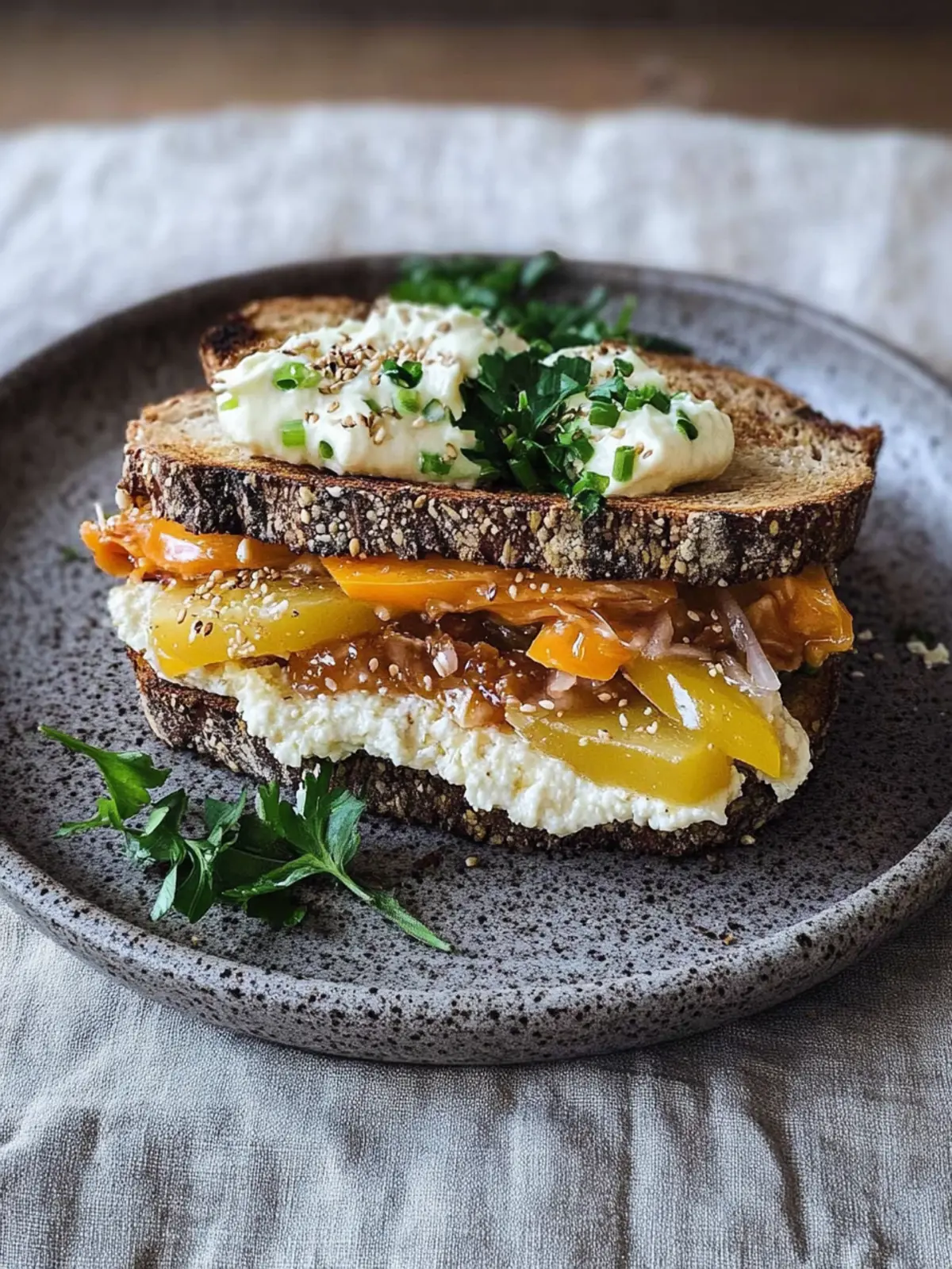 Verführerisches Frühstückssandwich mit Rührei und Zwiebeln 5 Frühstückssandwich mit Rührei und karamellisierten Zwiebeln