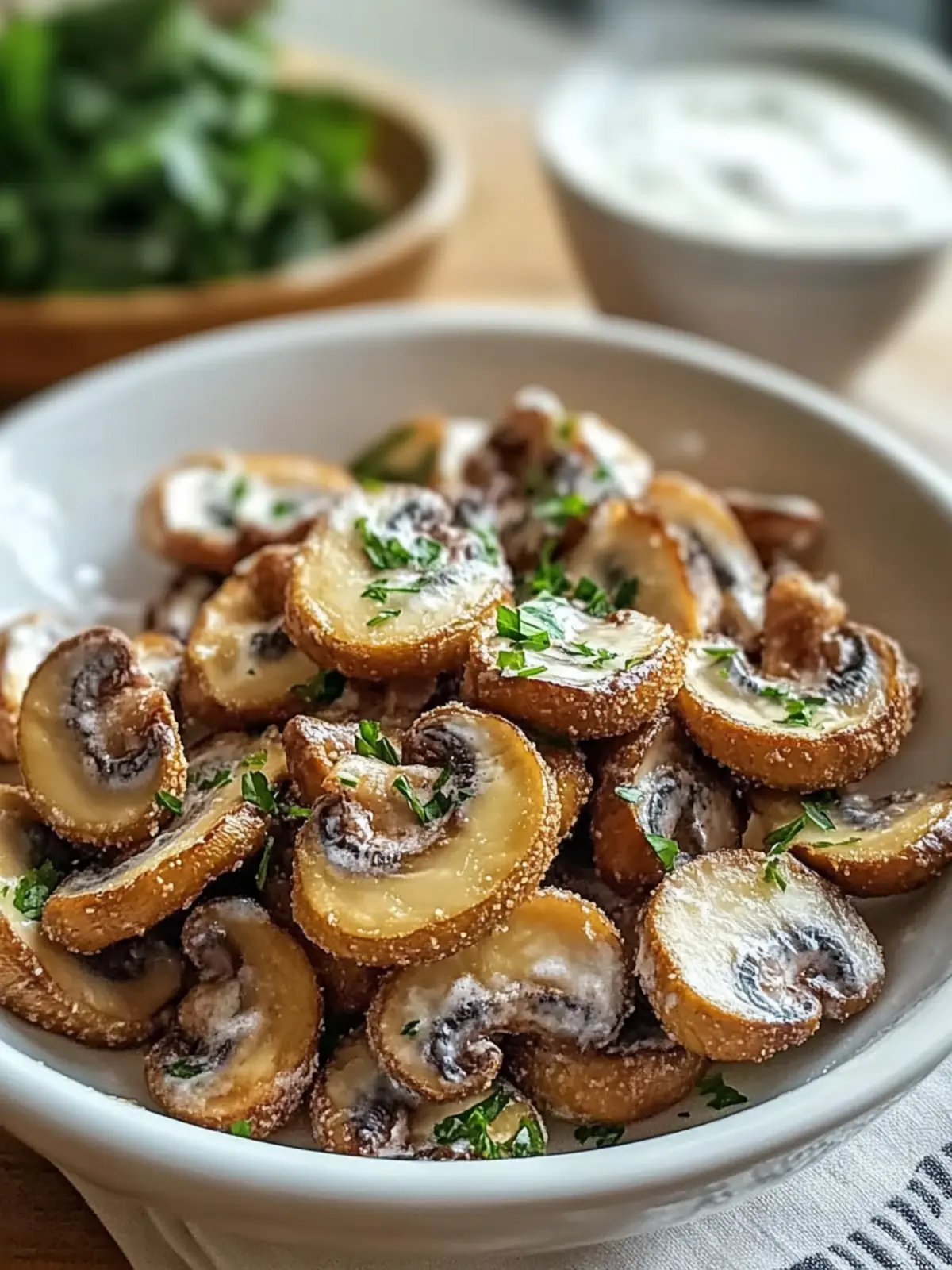 Krosse frittierte geschnittene Champignons mit Ranch-Dressing 5 Frittierte geschnittene Champignons mit Ranch-Dressing