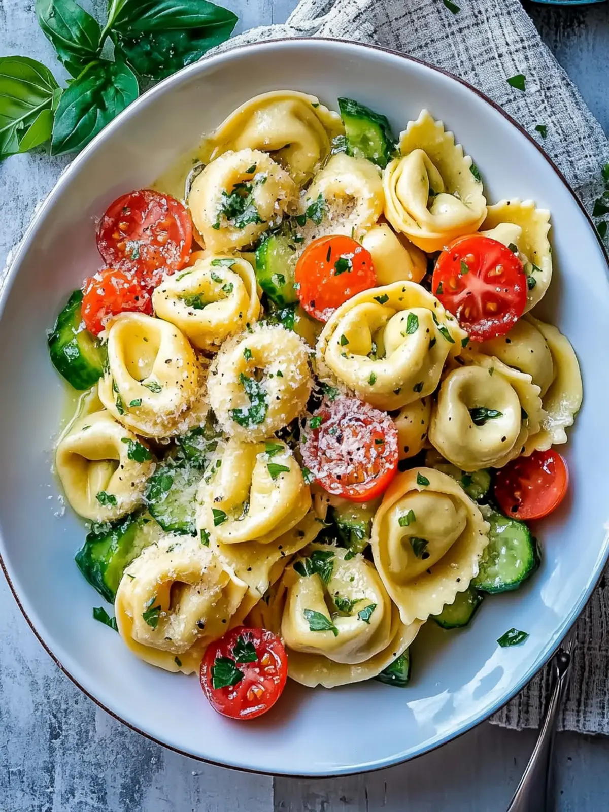 Heller und cremiger Tortellini-Nudelsalat mit frischem Gemüse 4 Heller und cremiger Tortellini-Nudelsalat Rezept