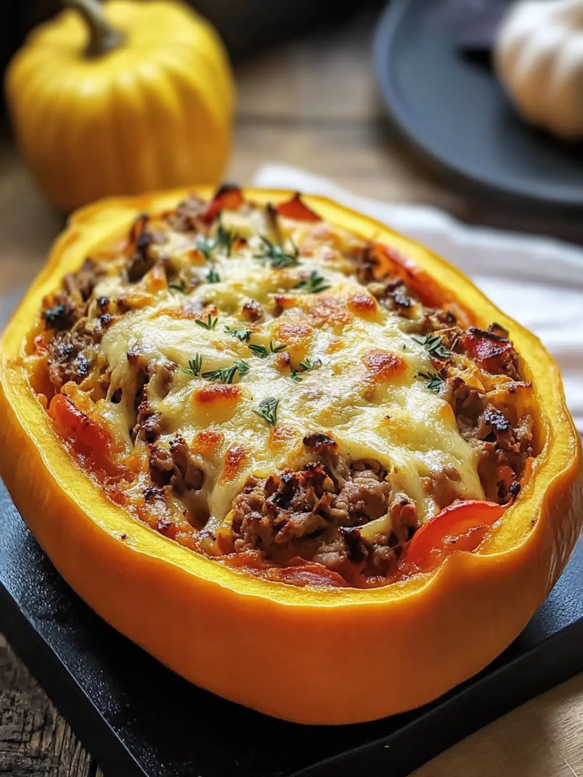 Gefüllter Kürbis mit Fleisch, Pilzen, Paprika und Käse aus dem Ofen