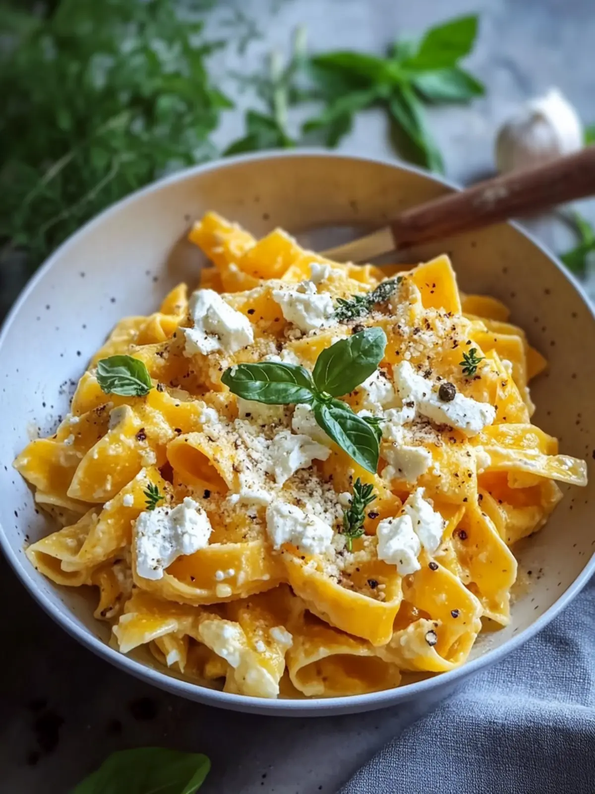 Nudeln mit Kürbissauce und Feta Rezept
