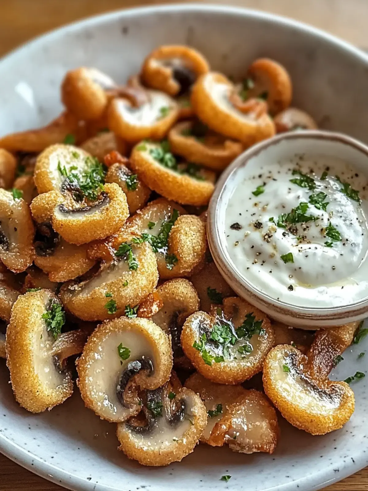 Krosse frittierte geschnittene Champignons mit Ranch-Dressing 4 Frittierte geschnittene Champignons mit Ranch-Dressing