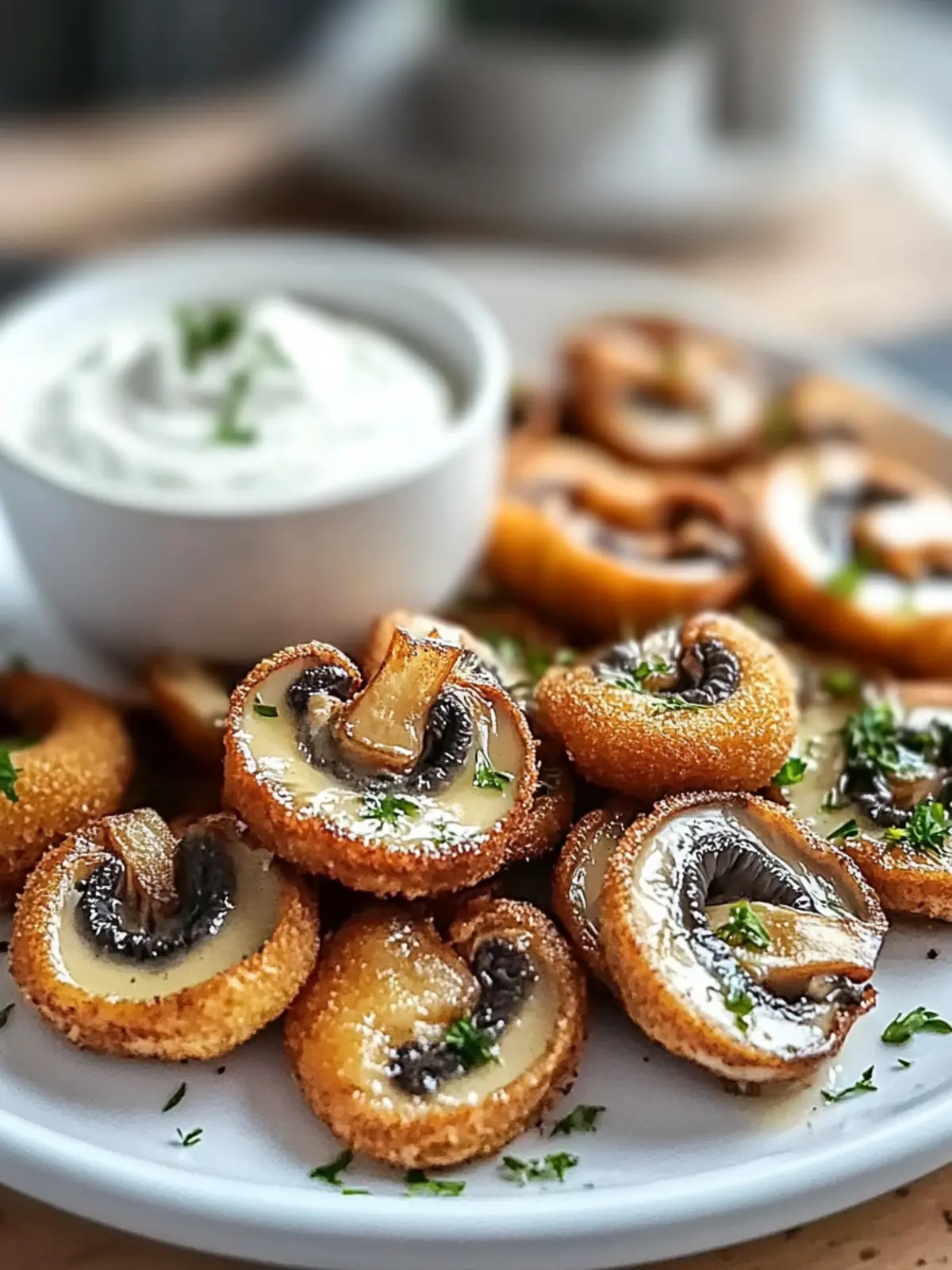Krosse frittierte geschnittene Champignons mit Ranch-Dressing 2 Frittierte geschnittene Champignons mit Ranch-Dressing