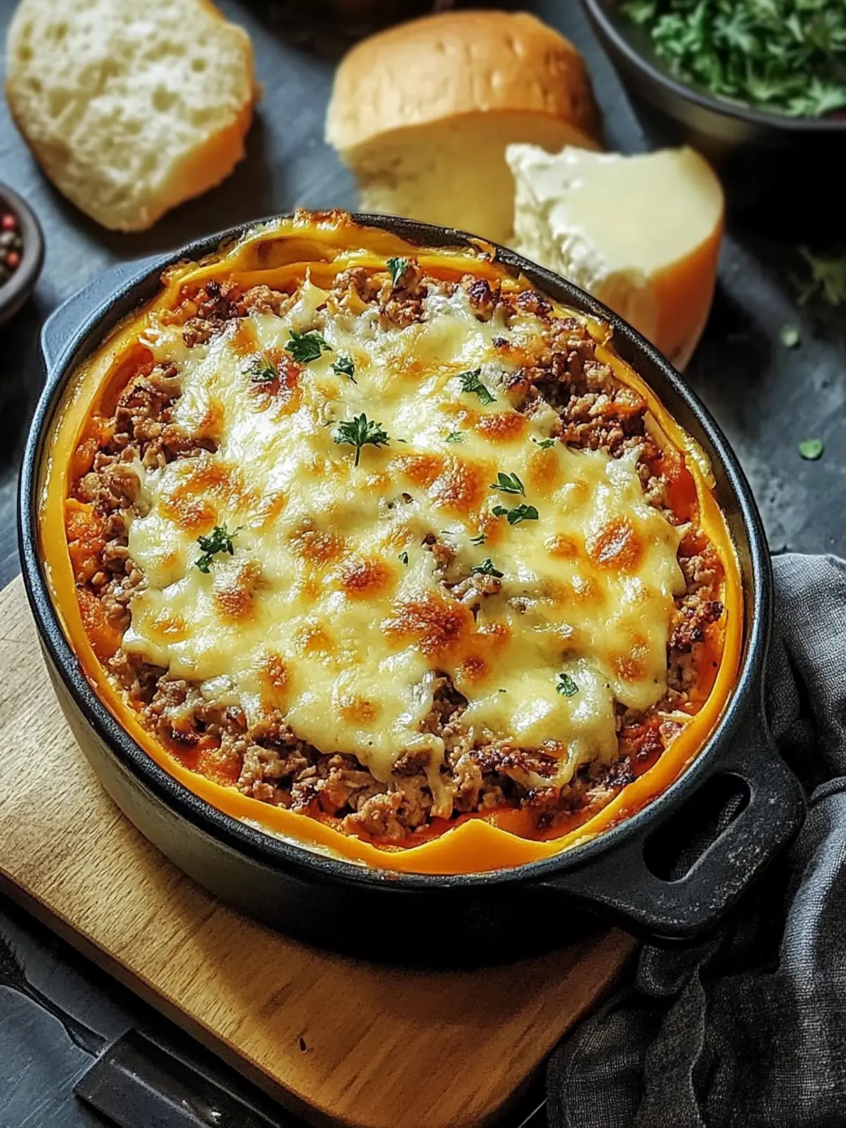 Herzhafter gefüllter Kürbis mit Fleisch, Pilzen und Käse zaubern 4 Gefüllter Kürbis mit Fleisch, Pilzen, Paprika und Käse aus dem Ofen