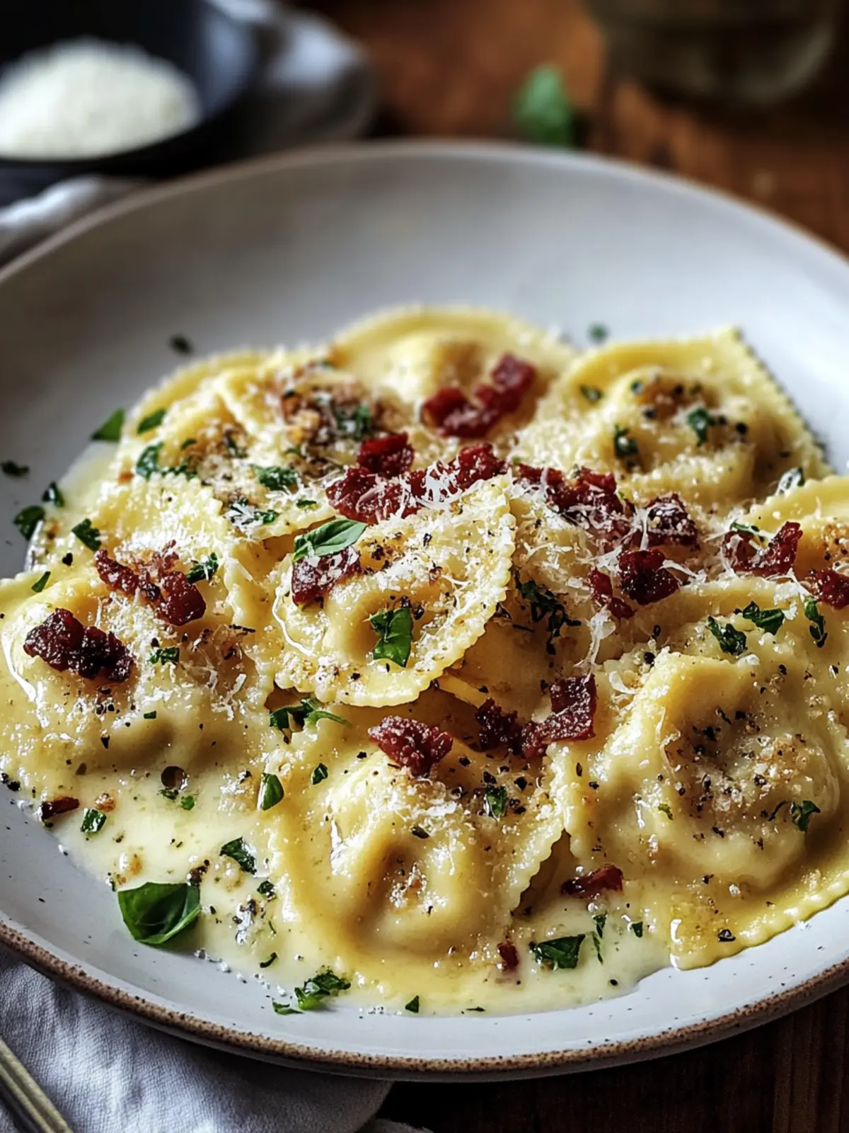 Cremige Knoblauch-Ravioli Carbonara Pasta für den perfekten Abend 4 Cremige Knoblauch-Ravioli Carbonara Pasta