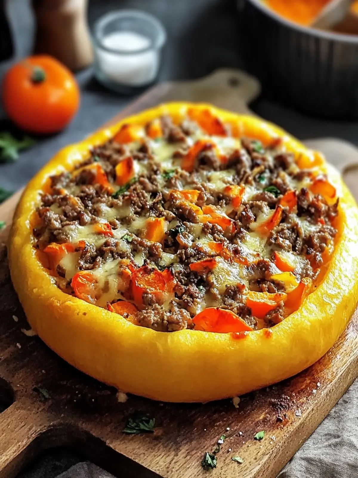 Herzhafter gefüllter Kürbis mit Fleisch, Pilzen und Käse zaubern 2 Gefüllter Kürbis mit Fleisch, Pilzen, Paprika und Käse aus dem Ofen