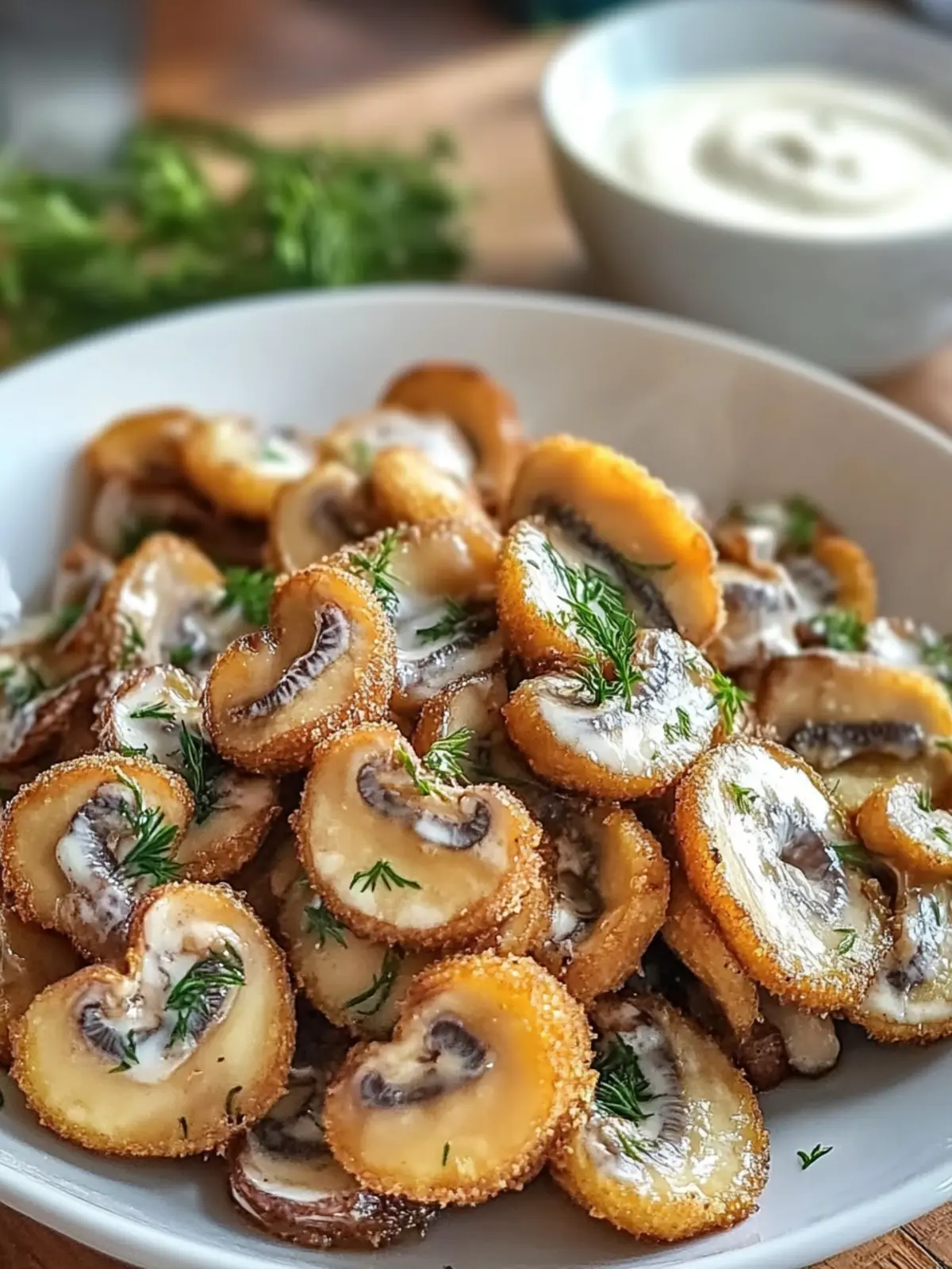 Krosse frittierte geschnittene Champignons mit Ranch-Dressing 3 Frittierte geschnittene Champignons mit Ranch-Dressing