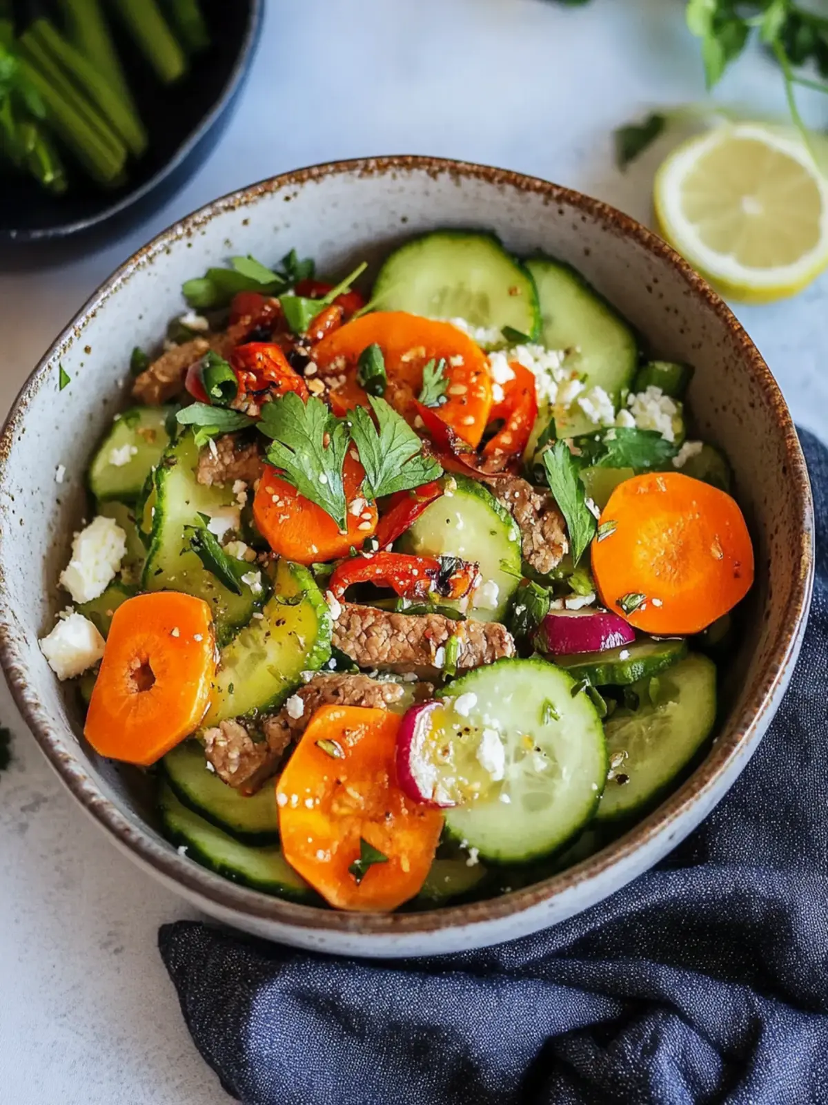 Köstlicher Karotten Gurkensalat mit würziger Sesam-Dressing 5 Karotten Gurkensalat